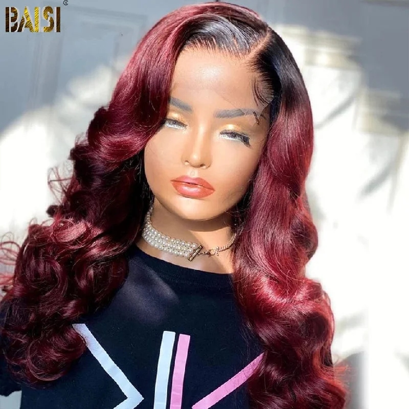 heat-resistant wigs for styling flexibility -BAISI 1B/99J# Burgundy Color Lace Wig