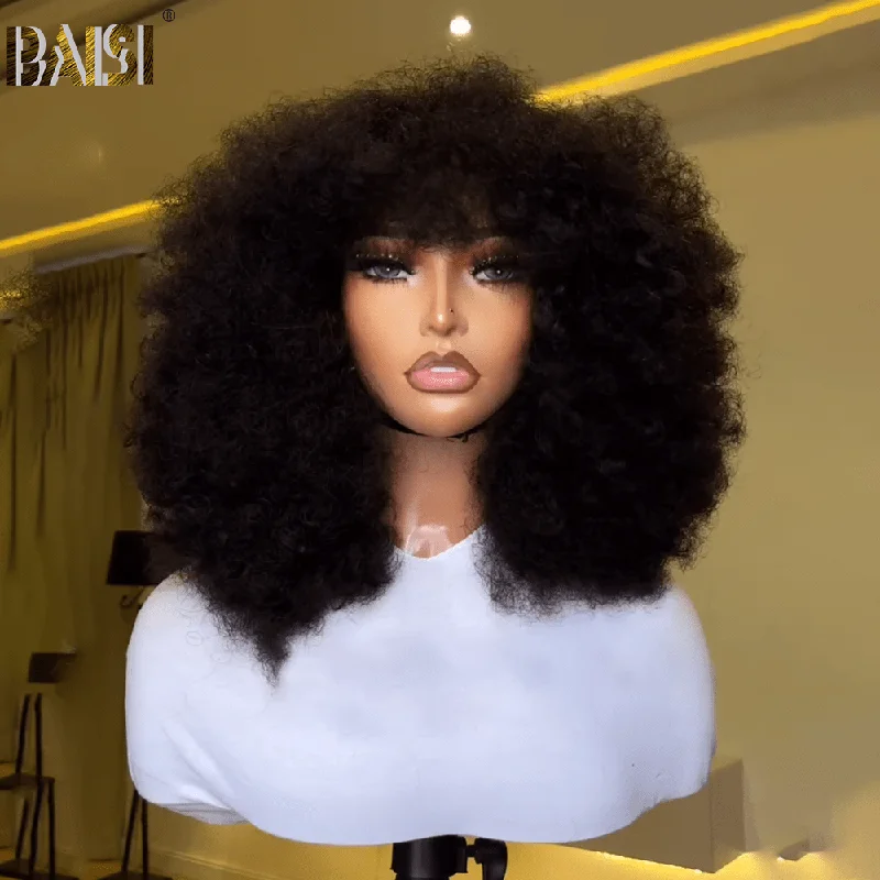 synthetic wigs with realistic hair texture -BAISI Afro Sexy Long Full Wavy Machine Made WIg With Bang