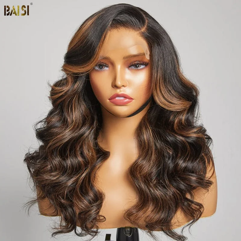 human hair wigs for a natural look and feel -BAISI Blonde Highlight Luxury Wavy Wig