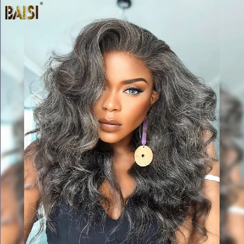 sleek black wigs for smooth and polished finish -BAISI Bouncy Salt&Pepper Grey Wavy Lace Wig