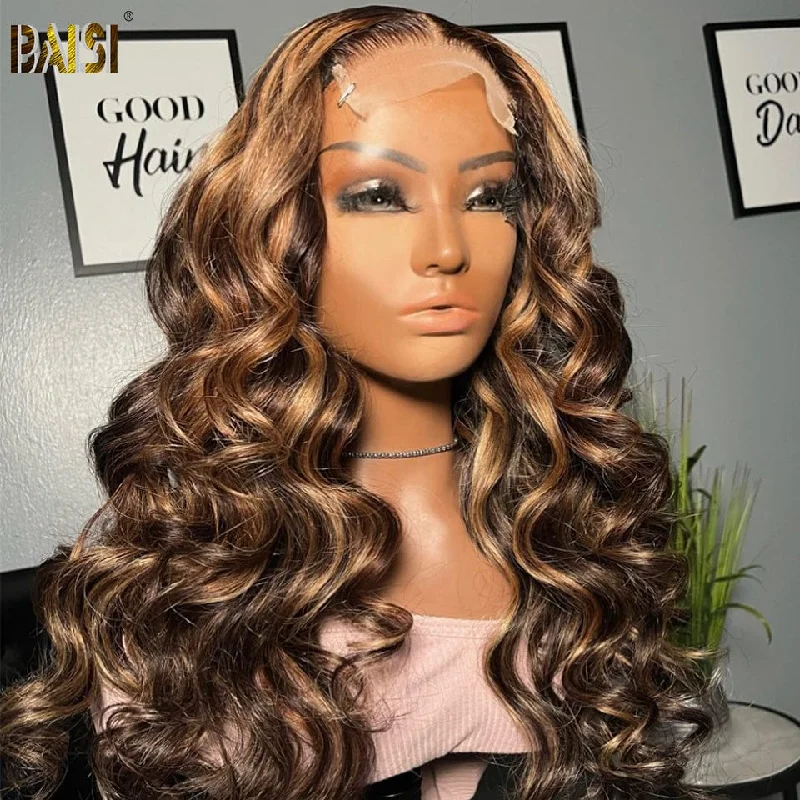 high-quality human hair wigs for shine -BAISI Charming Highlight Wavy Wig