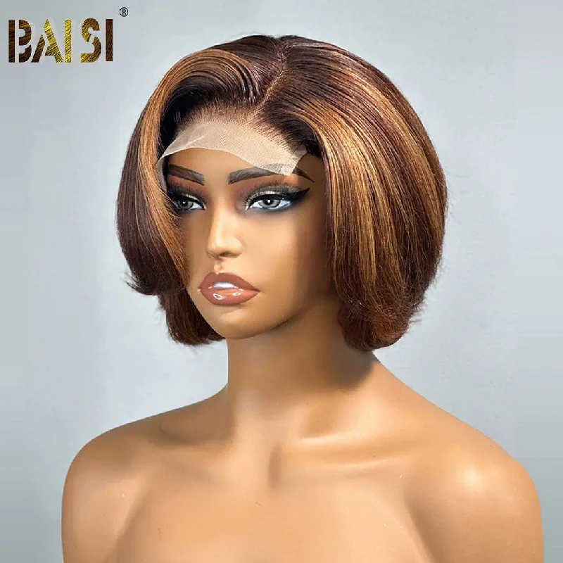 thick wigs for fuller hair appearance -Baisi Elegant Brown Mix Blonde Short Wig