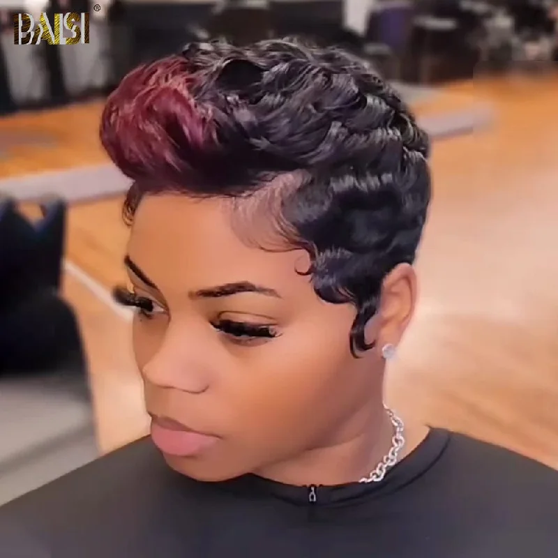 adjustable wigs for perfect fit and comfort -Baisi Full Lace Finger Wave Wig With Burgundy Highlight