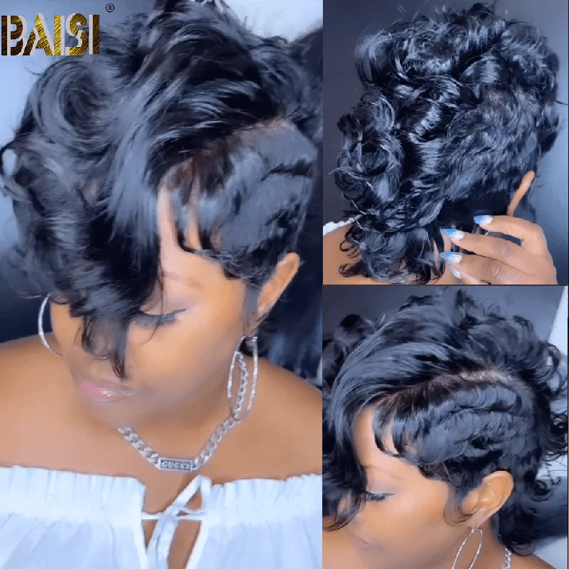 natural curly wigs for an effortless vibe -BAISI Full Lace Wavy Short Wig