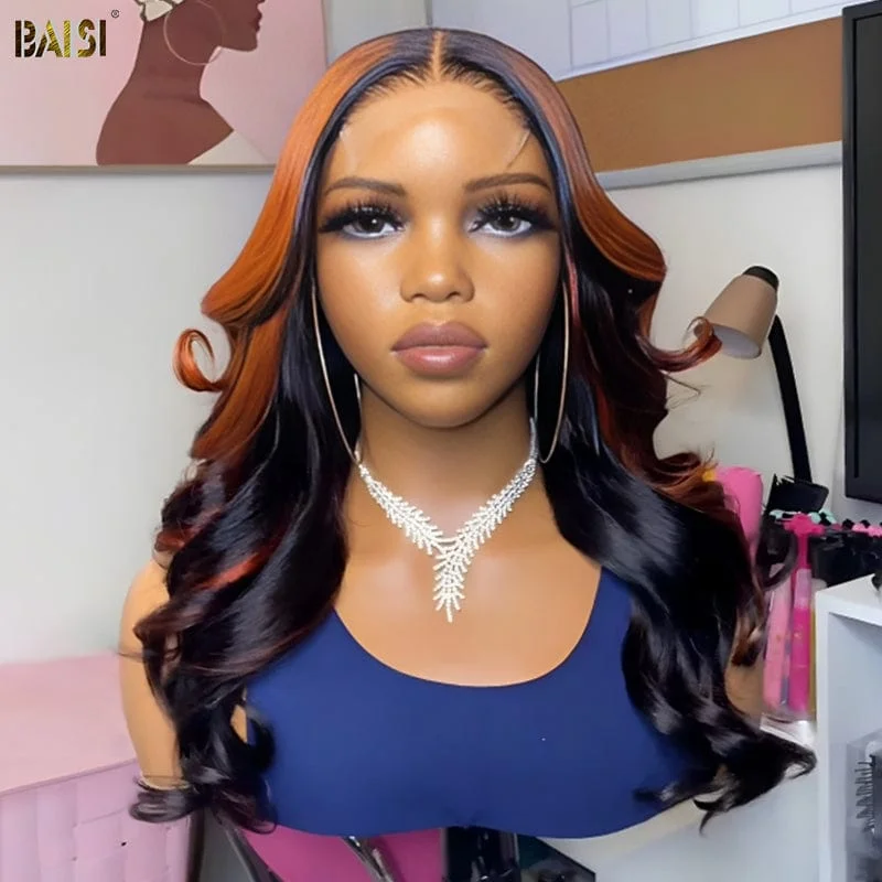 human hair wigs with natural waves -BAISI Ginger Highlight Wavy Wig