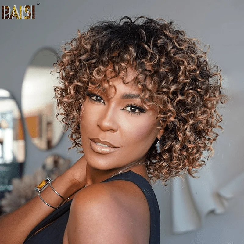 heat-safe wigs for flexible styling options -Baisi Machine Made Honey Brown Curly Bang Wig