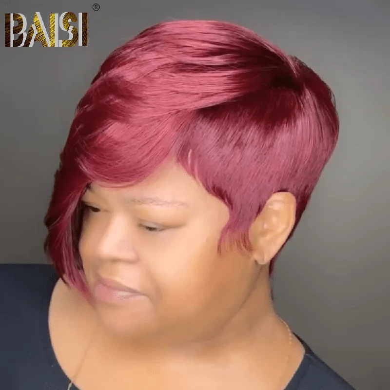 easy-to-wear wigs for beginners -BAISI Machine Made Side Part Burgundy Short Cut Wig