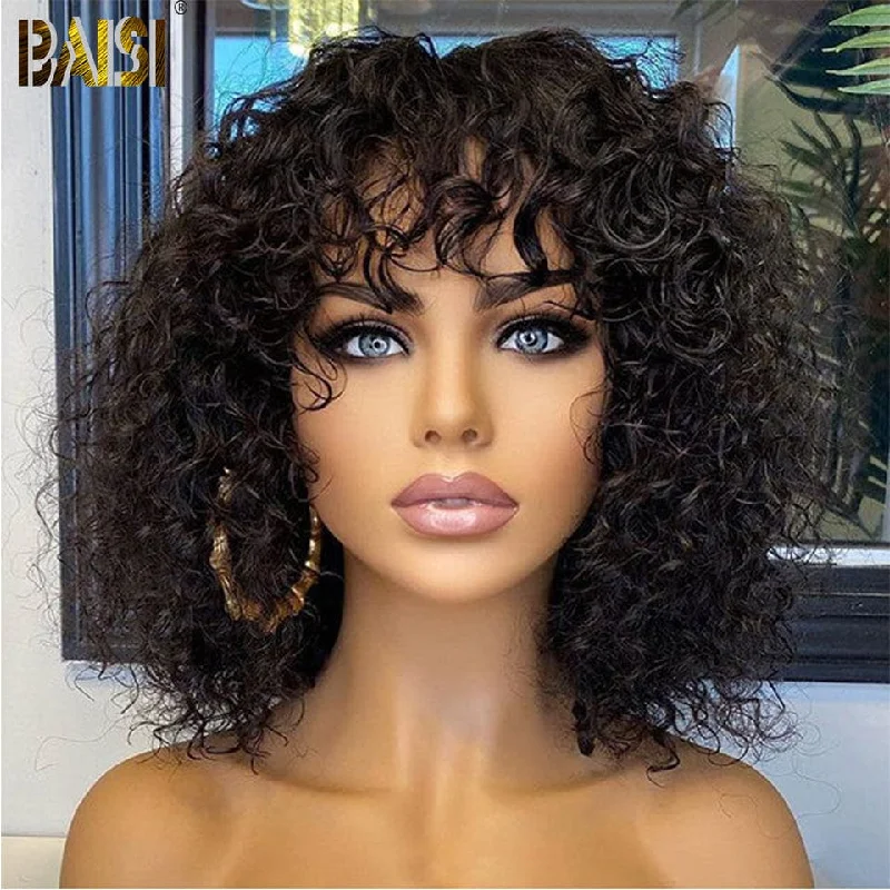 elegant wigs for upscale events and occasions -Baisi Machine Made Water Wave With Bang BoB Wig