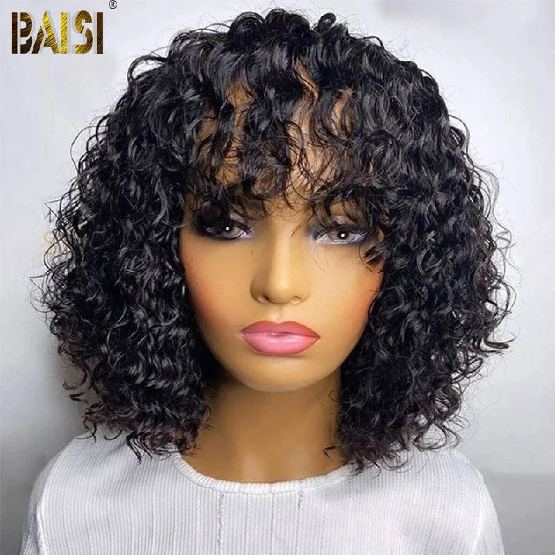 easy-to-wear lace wigs for beginners -Baisi Machine Made Curly With Bang BoB Wig