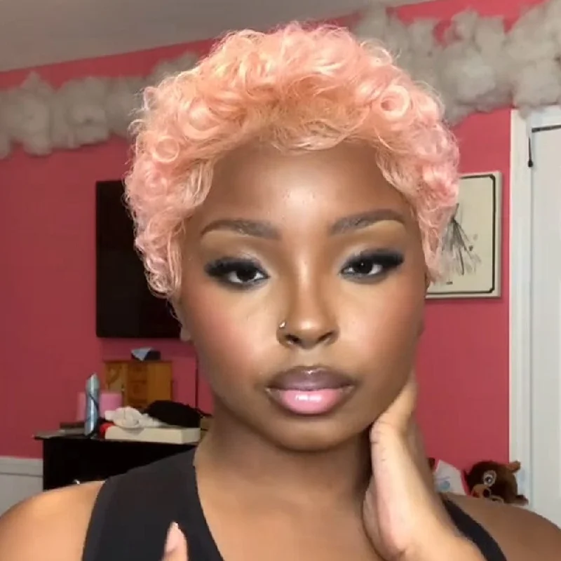 full coverage wigs for natural hairline -BAISI Pink Pixie Curly Lace Wig