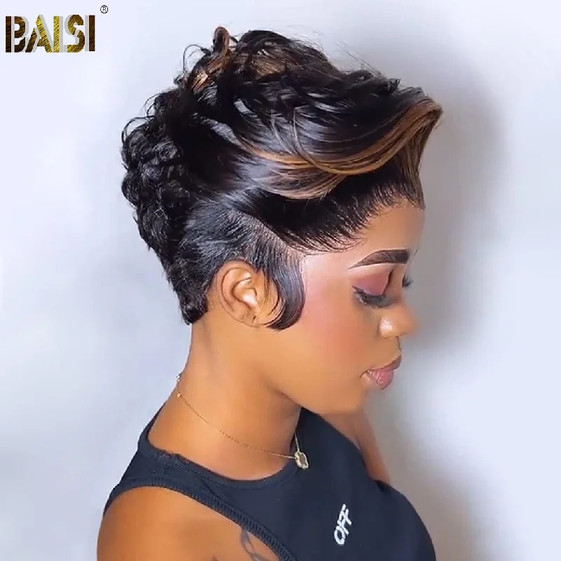 human hair wigs for effortless elegance -BAISI Pixie Full Lace Wig With Highlight