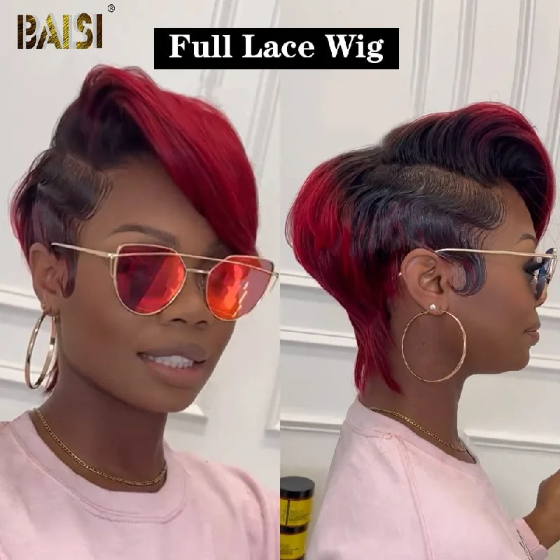 wigs for women with straight hair -BAISI Red Full Lace Pixie Cut Wig