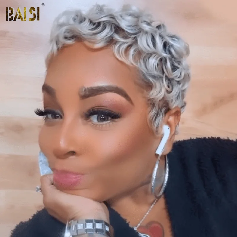 wigs for women with different hair types -BAISI Salt And Pepper Grey Finger Wave Wig