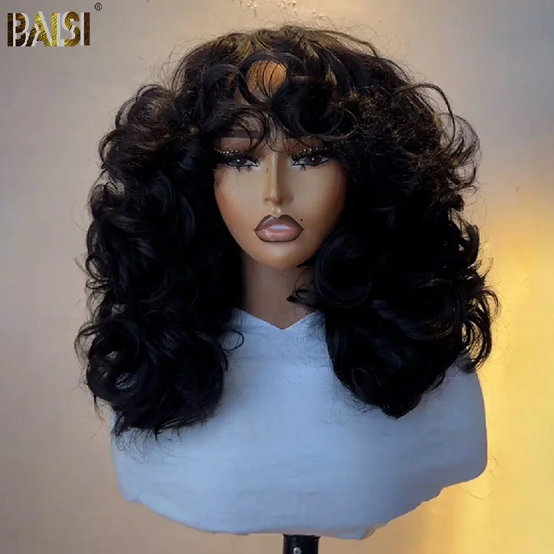 easy-to-maintain wigs for busy women -BAISI Sexy Boucy Wavy Machine Made WIg With Bang