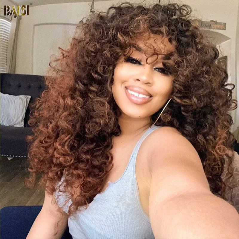 glueless wigs for easy wear and convenience -BAISI Sexy Long Bouncy Curl Color Machine Made WIg With Bang