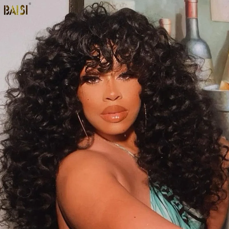 premium wigs for a luxury fashion statement -BAISI Sexy Long Bouncy Curl Machine Made WIg With Bang