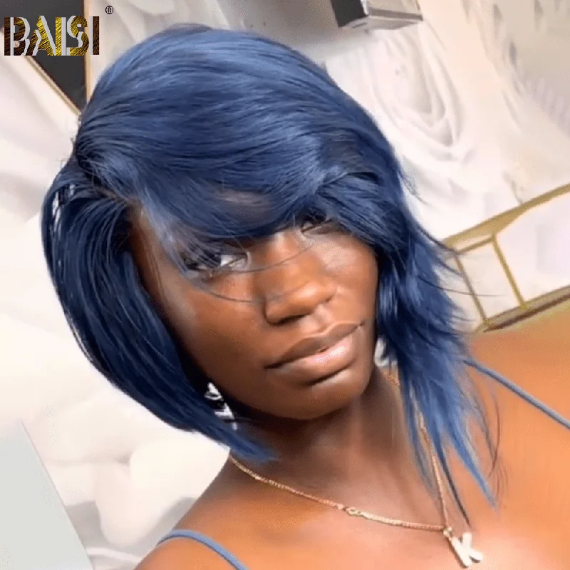 heat-resistant wigs for styling with tools -BAISI Sexy Side Part Grey Blue Short BOB Wig