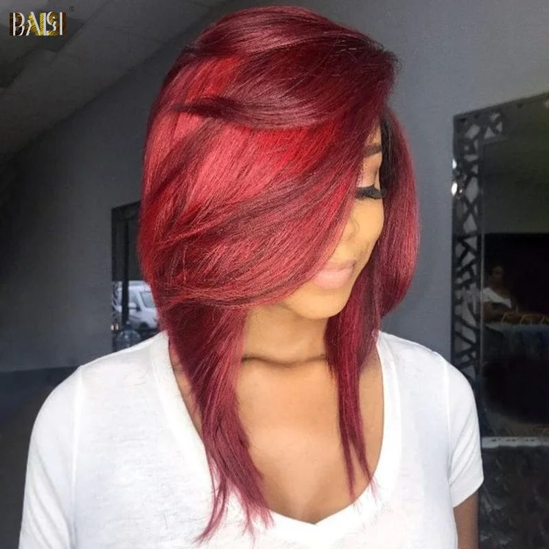 voluminous straight wigs for full coverage -BAISI Red Side Part Sexy BoB Wig