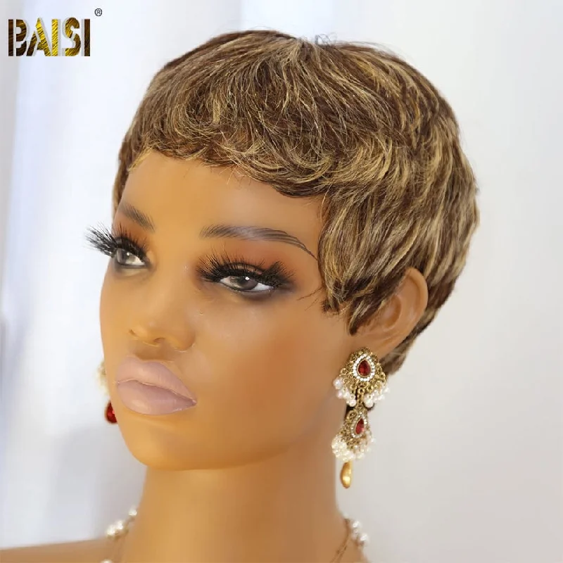 real human hair wigs for long-lasting style -BAISI Short #4Mix27 Pixie Machine Made Wig