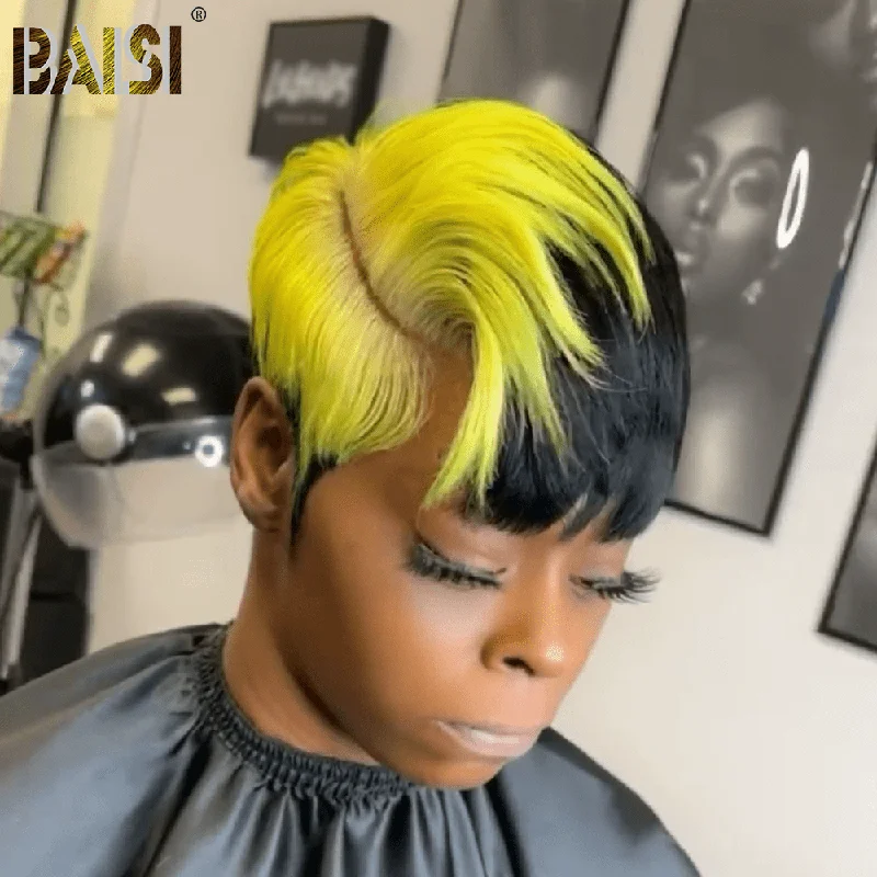 human hair wigs with natural waves -BAISI Short Cut With Light Green Lace Wig