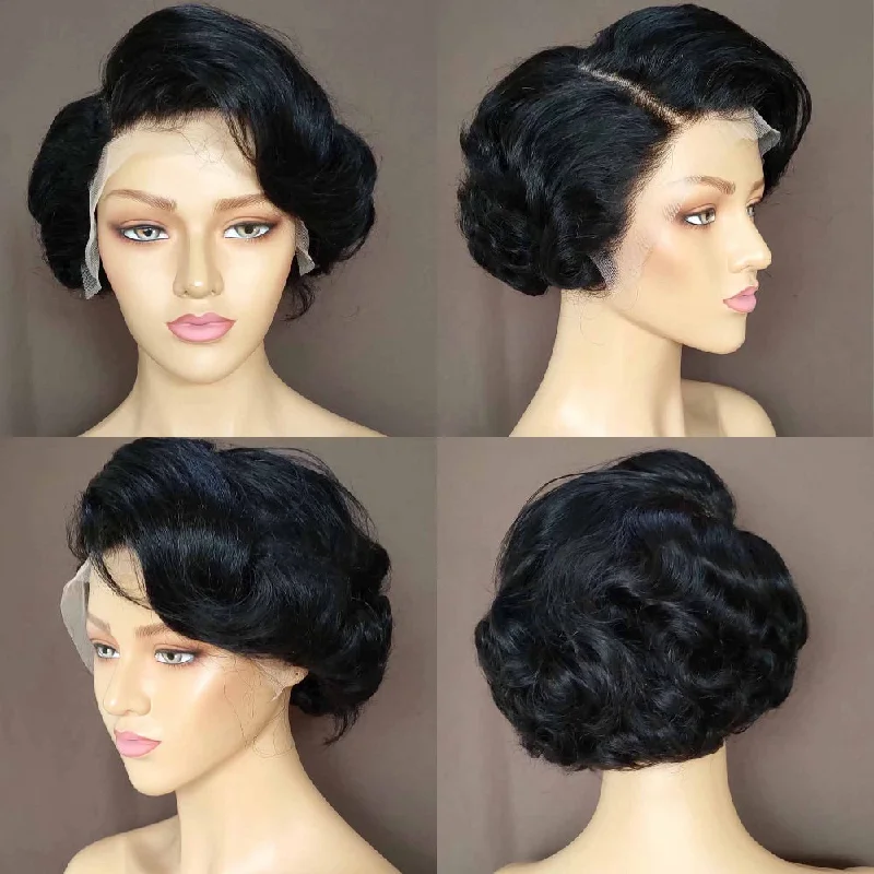 thick straight wigs for voluminous styles -Black Curly Pixie Cut Lace Wig Lace Frontal Wig for African American