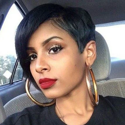 voluminous curly wigs for fun and elegant look -Black Straight Pixie Cut Lace Wig with Side Part Bangs for African American