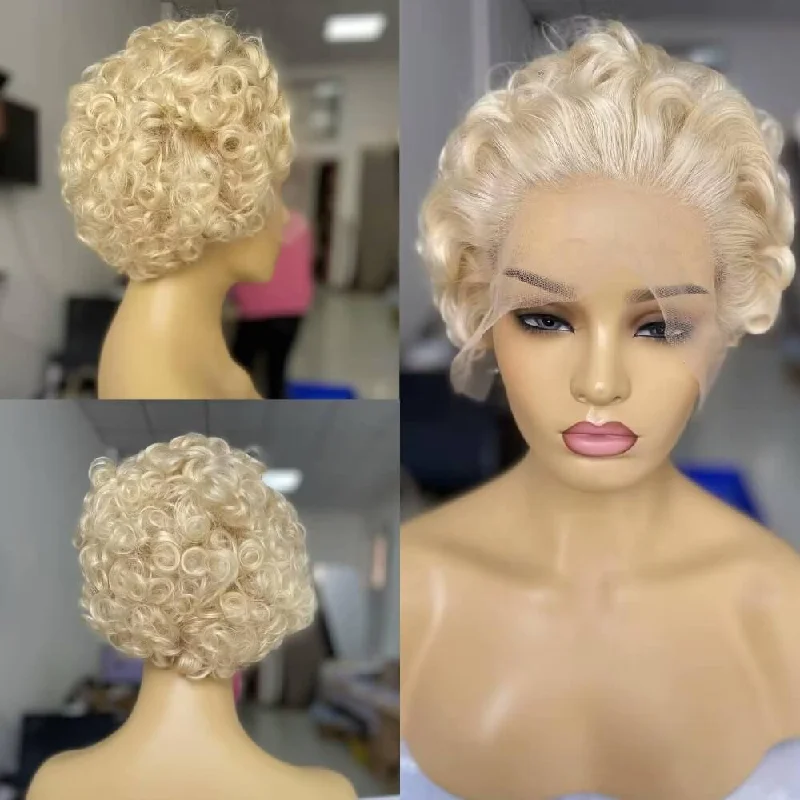 trendy short bob wigs for chic appearances -Blonde Afro Curly Pixie Cut Wig Brazilian Hair for African American