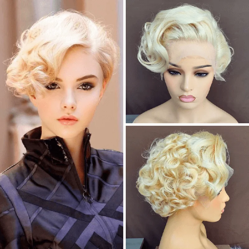 wigs for people with hair thinning issues -Blonde Pixie Cut Lace Frontal Curly Wig with Side Part Bangs Brazilian Hair