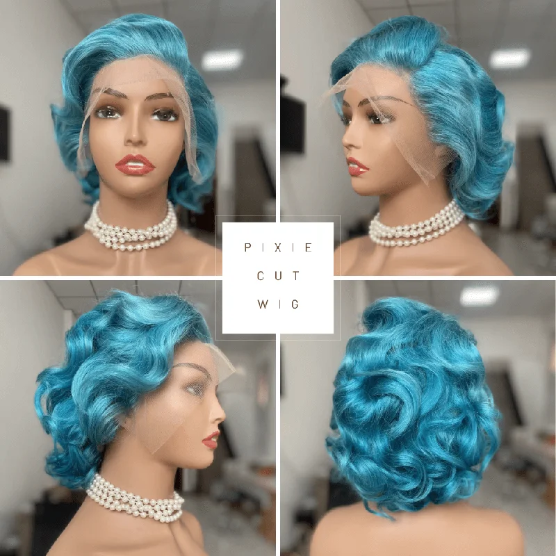 trendy straight wigs for sleek style -Blue Wavy Pixie Cut Lace Frontal Wig Brazilian Hair for African American