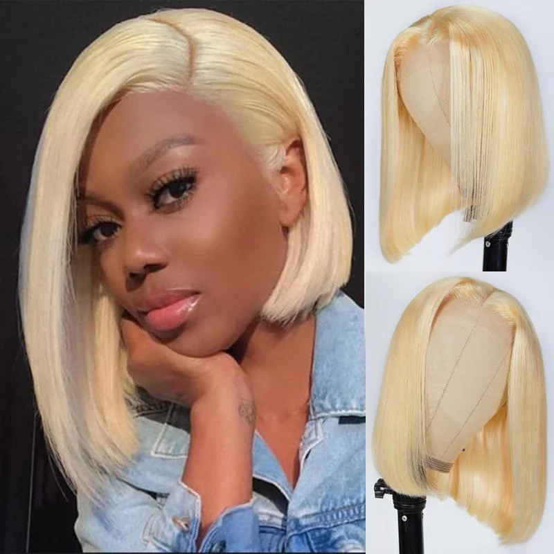 long straight wigs for elegant occasions -613 Blonde Color Short Straight Lace Closure Bob Wig 13 By 4 Lace Front Wigs