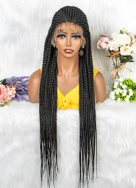 short blonde wigs for summer fashion -34inch Black Long box braids lace front wig  for African American