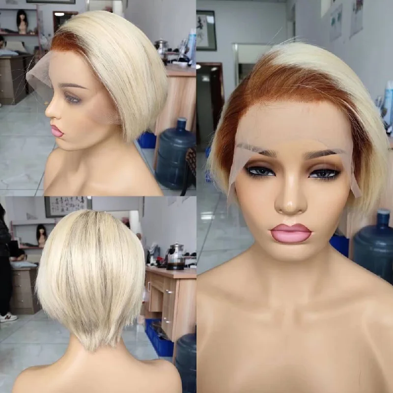 human hair wigs with realistic textures -Brown Ombre Blonde Pixie Cut Wig Brazilian Hair for African American