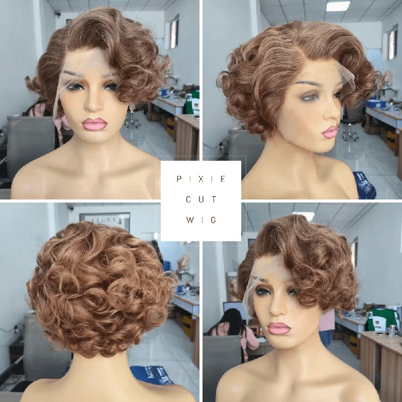 wigs for people with alopecia or thinning hair -Brown Pixie Cut Wavy Wig Brazilian Hair Lace Front 13x4 for African American