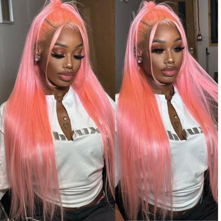 wigs for people with hair thinning issues -Carnation Pink Straight Lace Frontal/Closure Wigs Clear Transparent  Lace Wigs Pre-plucked with Baby Hair