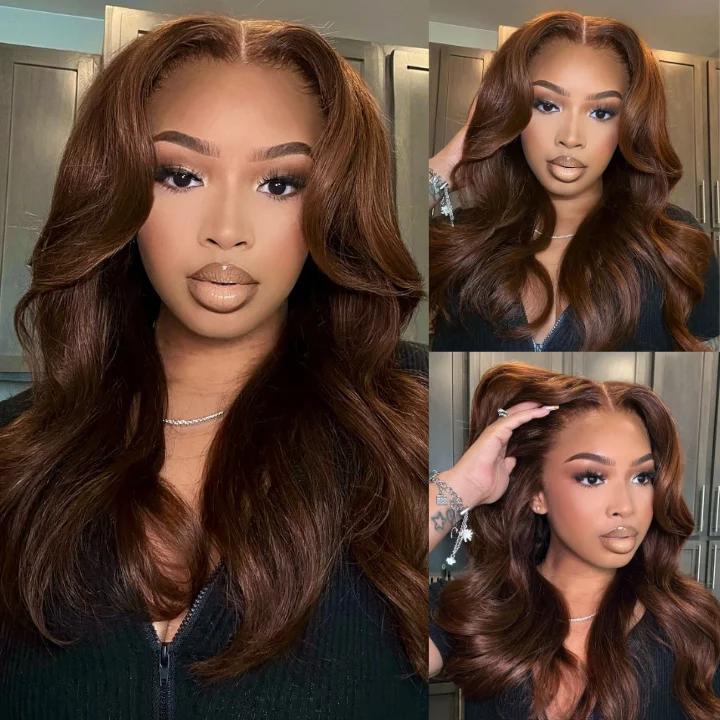 voluminous wigs for thicker hair appearance -Chestnut Brown Loose Wave 7*5 Pre Cut Lace Wigs with Curtain Bangs Flash Sale