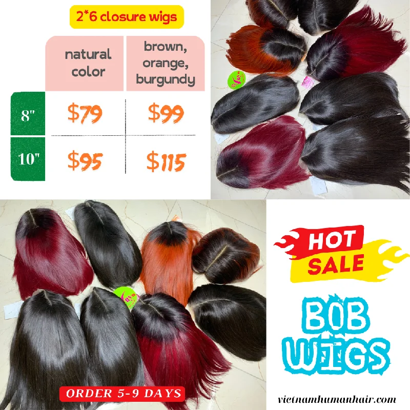 medium length wigs for everyday wear -DEAL 2x6 BOB WIG 8" AND 10" NATURAL COLOR AND COLOR HAIR