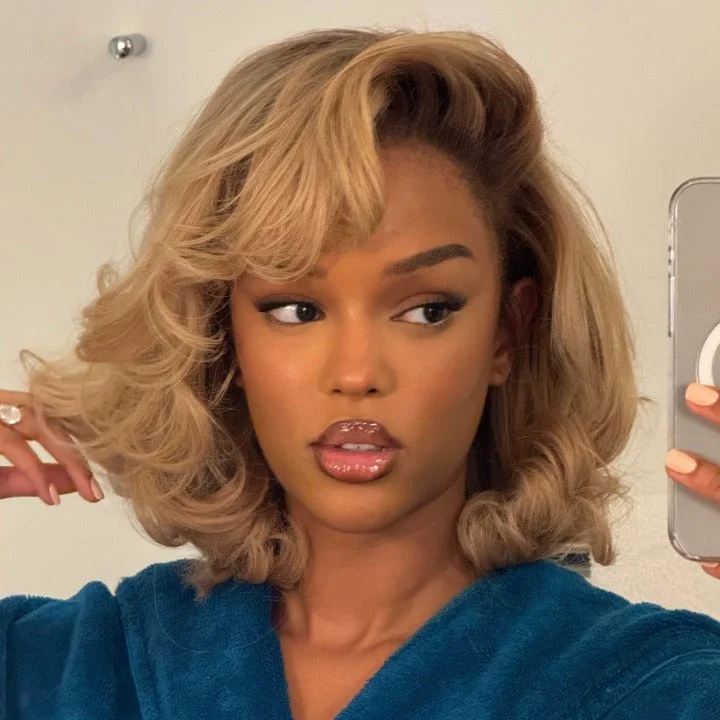 voluminous wigs for thick, textured hair -Dirty Blonde Summer Choice Fashion Short Straight Bob Lace Wigs Transparent  Glueless Lace Colored  Wigs No Code Needed  -Amanda Hair