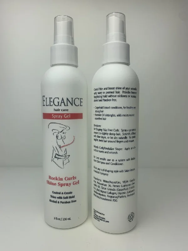 ELEGANCE. ROCKIN CURLS SHINE SPRAY GEL. 8 FL OZ.236ML MADE IN U.S.A.