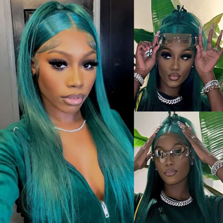 wigs for women with large face shapes -Emerald Green Straight 4x4/13x4  Lace Closure/Frontal Transaparent Wigs HD Lace Hunter Green Wigs Pre-plucked with Baby Hair