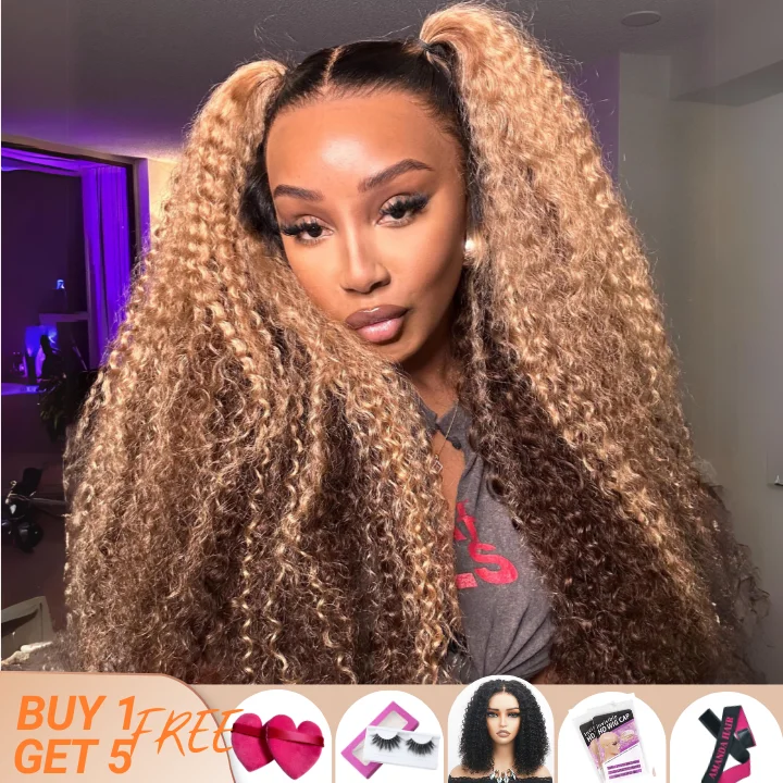 best wigs for women with round face shape -Flash Sale: $0 get The Bob Wig Highlight Color Honey Blonde Curly HD Transparent Lace Front/Closure Wig With Brown Roots- Amanda Hair