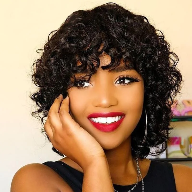 wigs for women with sensitive scalp -Fringe Curly Bob Natural Black Color Wig