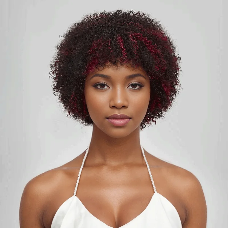 lightweight wigs for comfort and style -Glueless Afro Red Highlight Kinky Curly Short Bob Pixie Wig