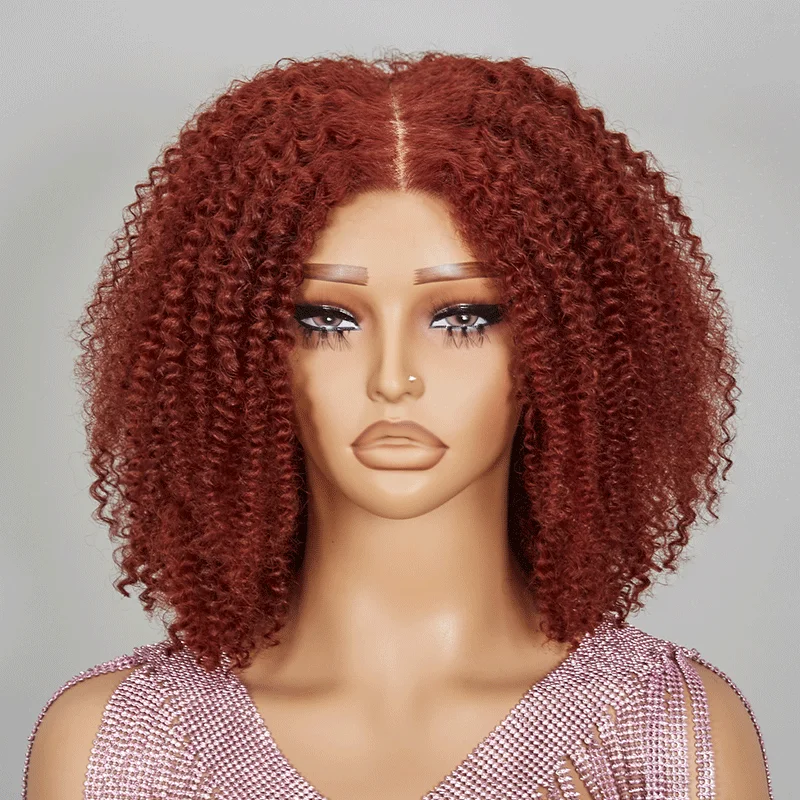 voluminous curly wigs for beach waves -9x6 Glueless Bob Reddish Brown Kinky Curly Wig