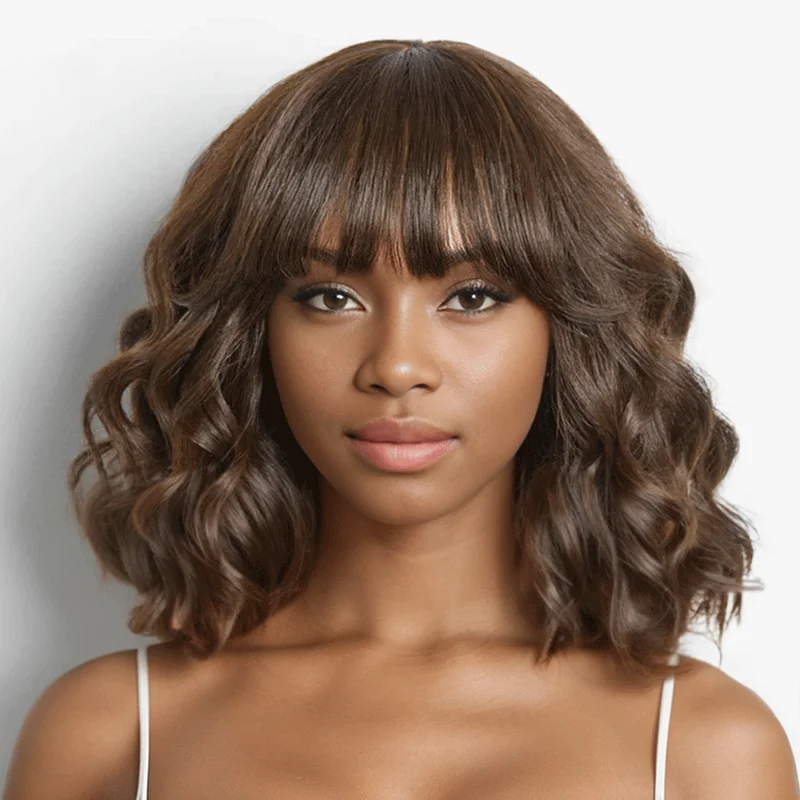 thick wigs for women with volume -Glueless Cute Brown Color Loose Wavy Bob Wig With Bangs