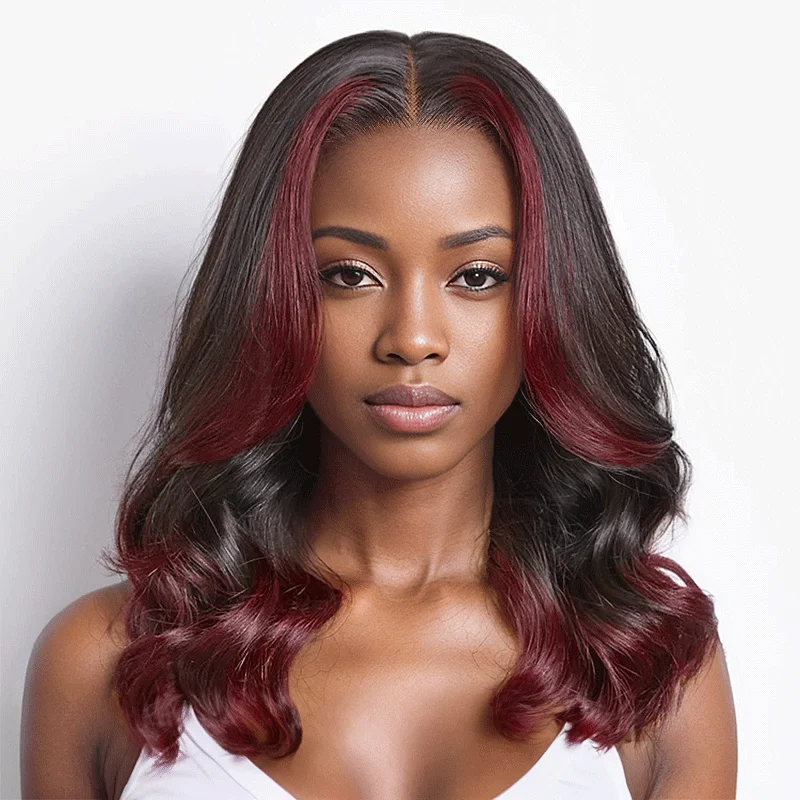 curly lace wigs for fuller, textured look -9x6 Glueless Dark Red Color Highlight Loose Wave Wig