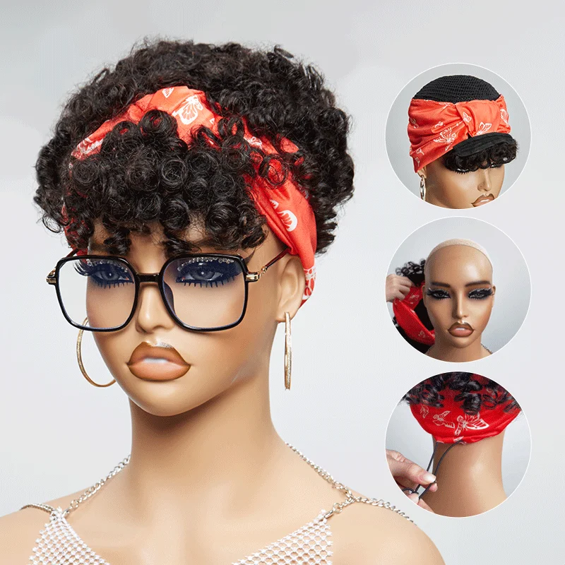 full wigs for a thicker, fuller look -Glueless 3s Throw & Go Bob Headband With Bangs Curly Wig