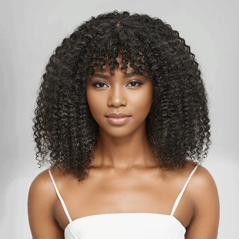 natural style wigs for everyday comfort -For Beginners Glueless Kinky Curly Bob Wig With Bangs