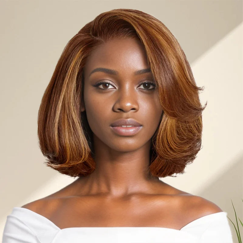 short straight wigs for sleek finish -9x6 Glueless Layered C Part Caramel Brown Mixed Blonde/Natural Bob Wig