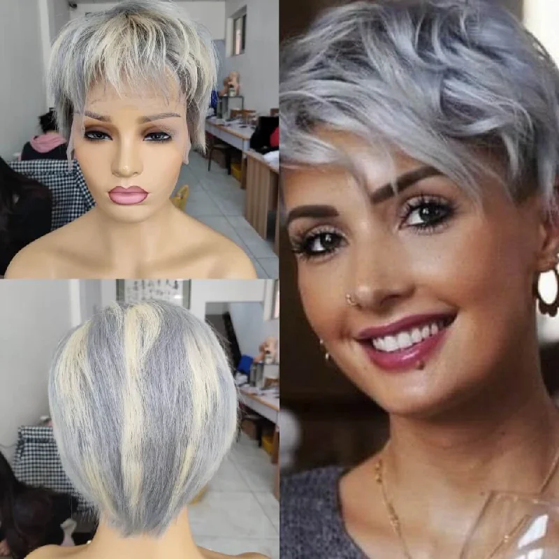 full coverage wigs for protecting hair loss -Grey Mix Blonde Pixie Cut Lace Wig Brazilian Hair for African American