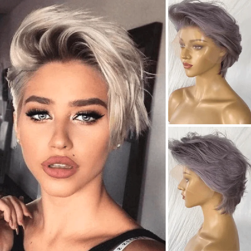 thick curly wigs for volume and bounce -Grey Pixie Cut Lace Wig Brazilian Hair  with Bangs for African American